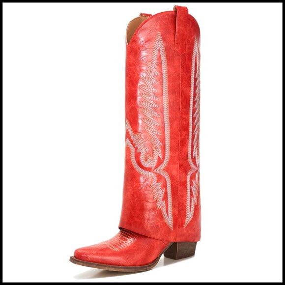 Women's Over-the-Knee Western Boots Chunky Heel Snip Toe Fold Over